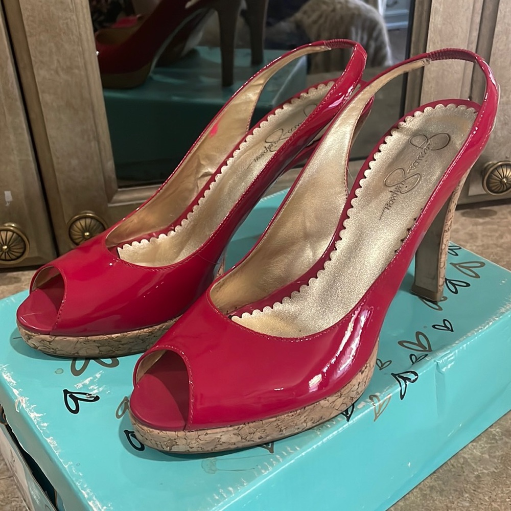 Jessica Simpson Red Patent Peep Toe Cork Stiletto Heels Size 10